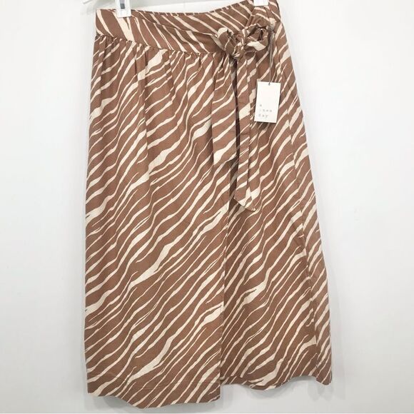 A New Day Khaki Cream Zebra Stripe Linen Blend Midi Wrap Skirt NEW - Picture 3 of 16